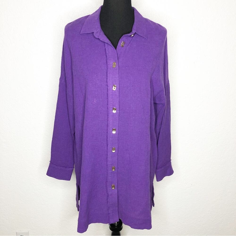 Soft Surroundings purple crinkle gauze gold linen blend button down tunic top S